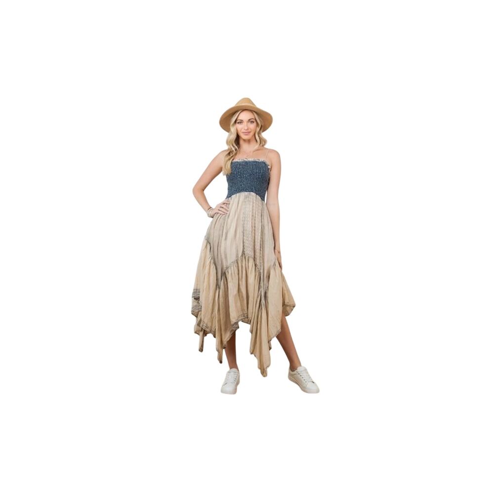 Young Threads Smocked Midi Handkerchief Dress Small